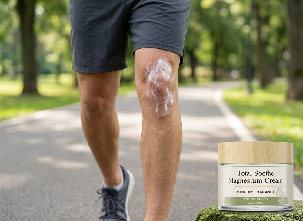 Total Soothe Magnesium Cream applied to a knee during a walk